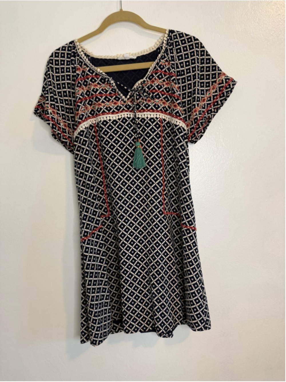 THML boho Mini Dress Size M Black White Geometric Print Tassel